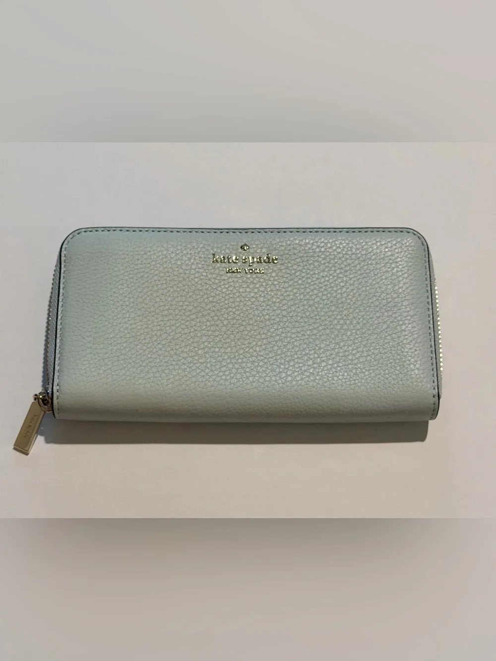 New Kate Spade Pale Mint Zip-Around Leather Wallet with Gold Logo
